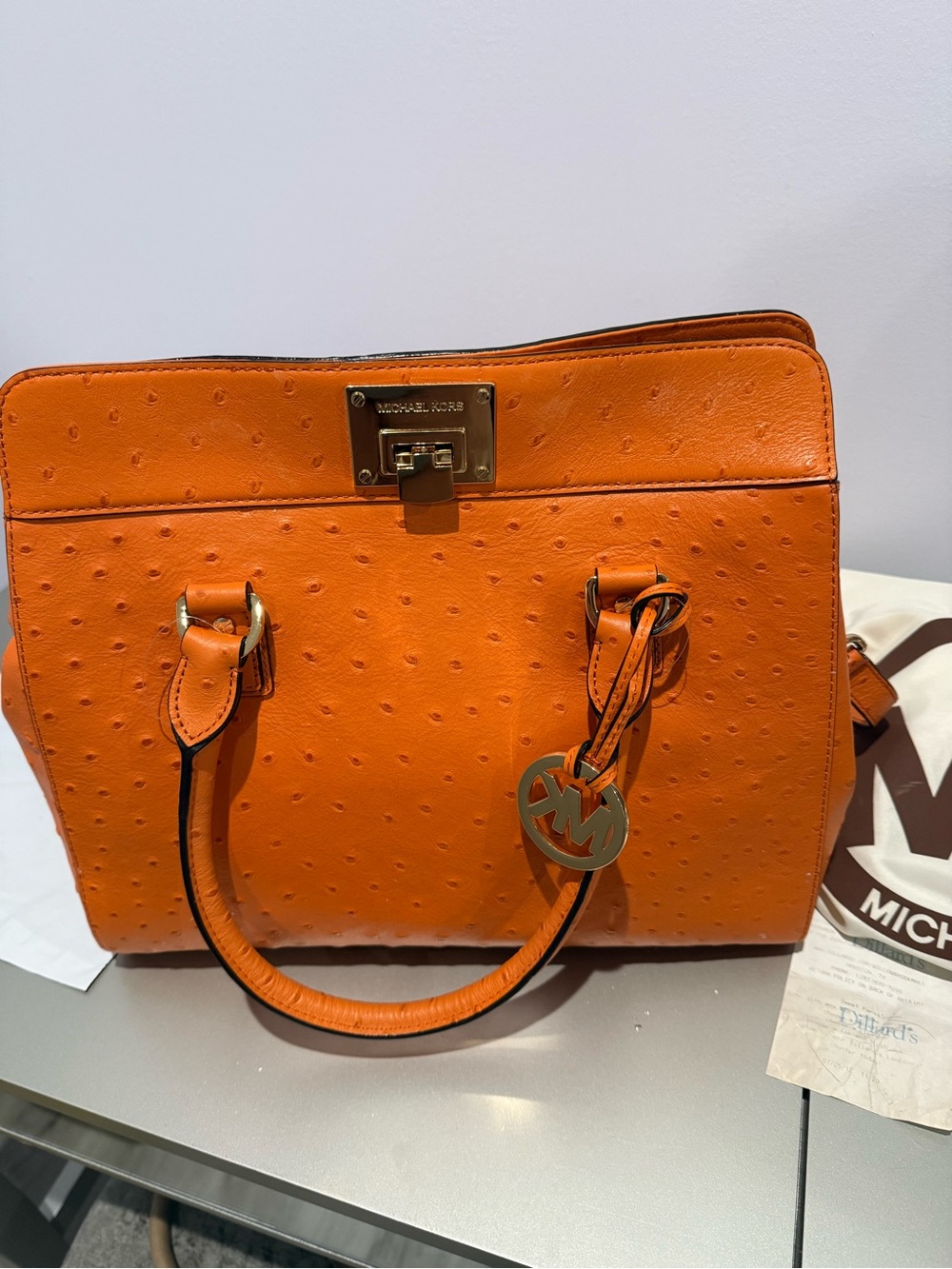 Michael Kors Orange Embossed Leather Satchel with MK Charm